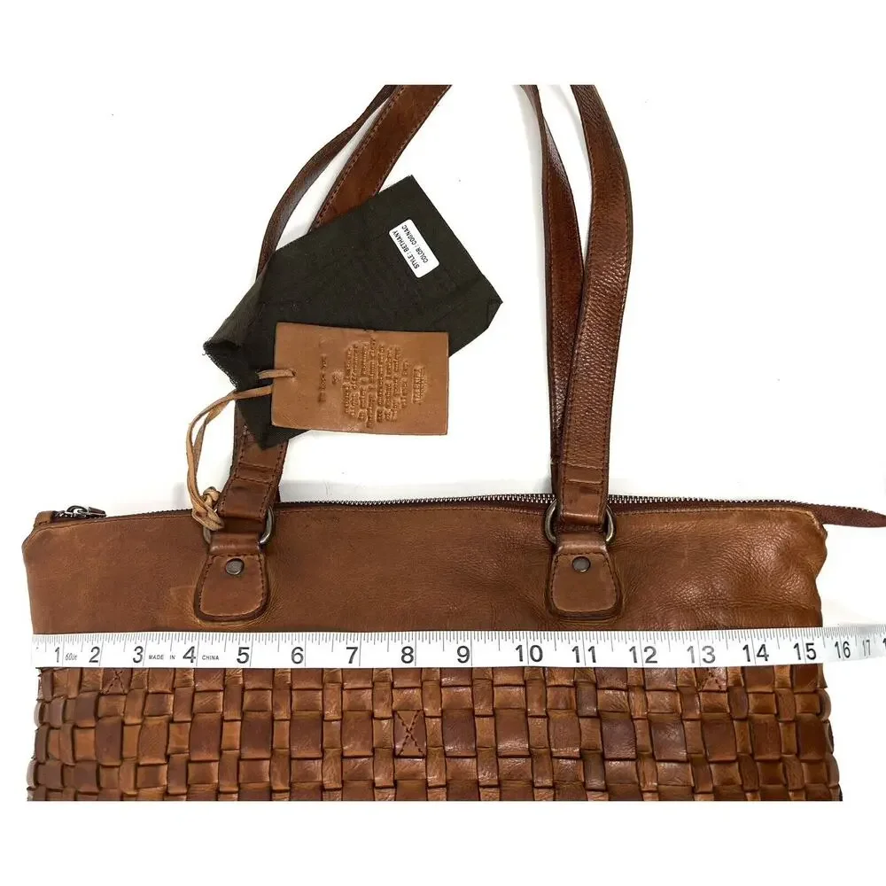 Vilenca Holland Laptop Shoulder Tote Bag Distressed Leather Brown Cognac NWT